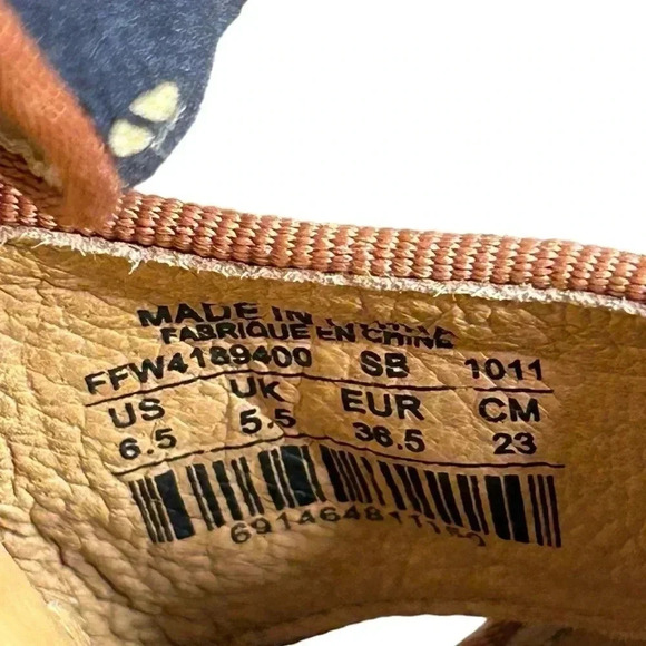 Fossil blue with ivory lady bugs , open toe,canvas heel , strappy, block heel 4” - Picture 7 of 13